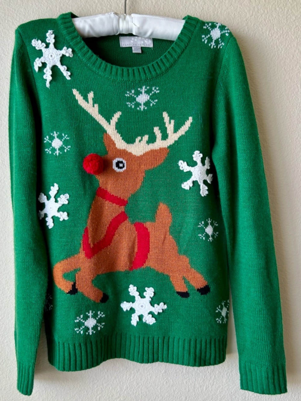 Reindeer Holiday Sweater Green Brown Red White Snowflake Long Sleeve Crew Small - Picture 2 of 9